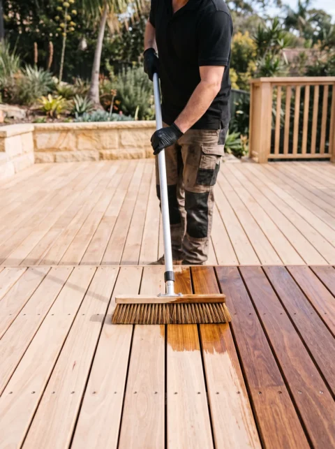 A professional worker applying oil along the grain