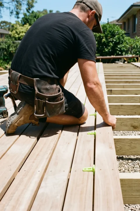 Professional deck builder kneeling on a half completed custom timber deck